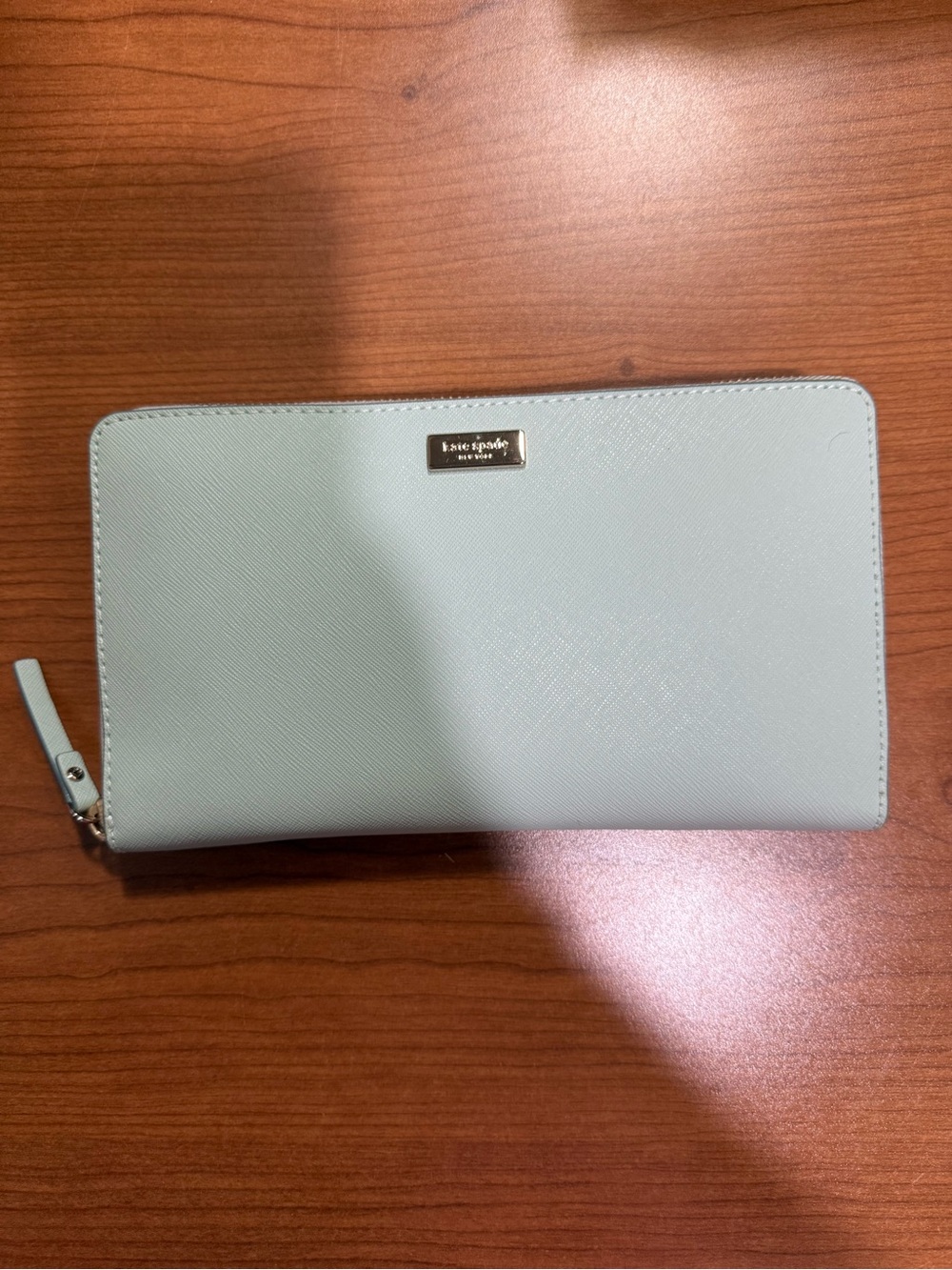 kate spade pale blue zip-around saffiano wallet